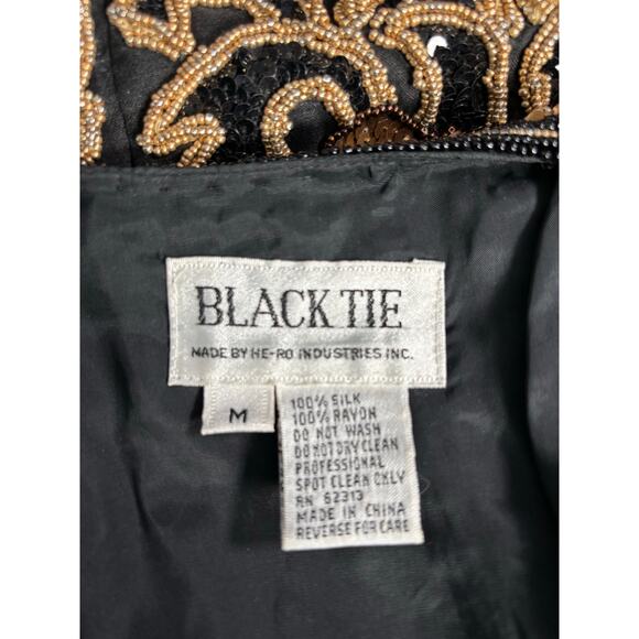 Vintage 90s Black Tie Silk Beaded Metallic Sequin Open Front Vest Gold Bronze - Picture 10 of 11